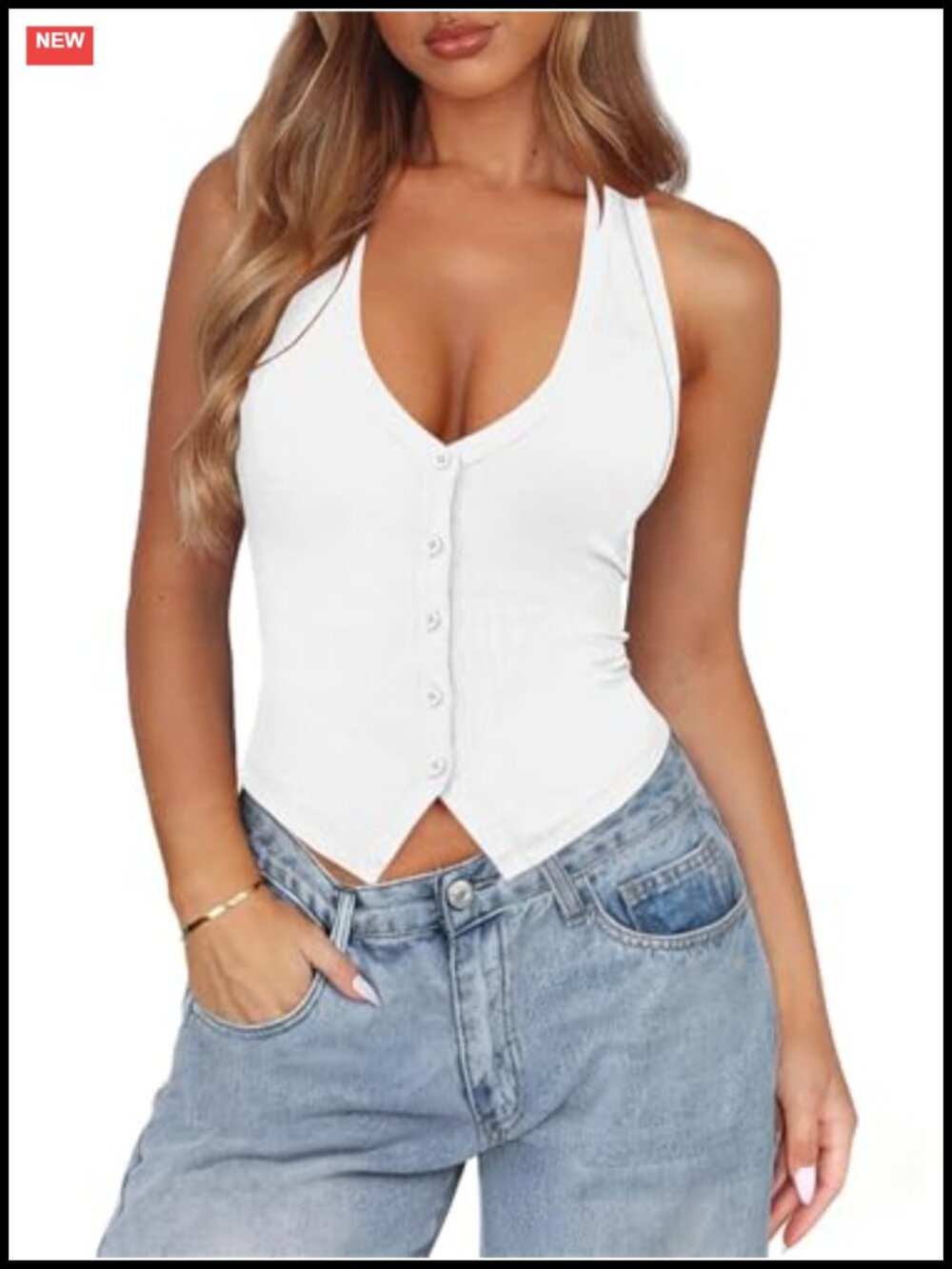 Ribbed Knit Button Up Halter Tank Top Sleeveless V-Neck Slim Fit Women's